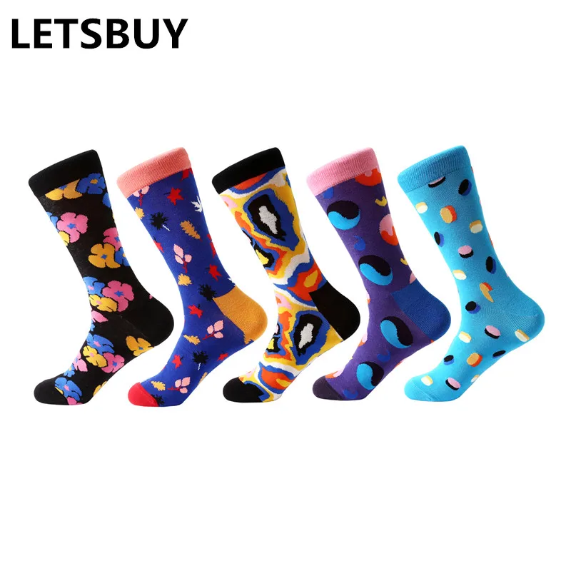 

LETSBUY 2018 NEW 5 pair/lot men's socks cotton colorful funny business casual socks novelty man dress crew sock wedding gift soc