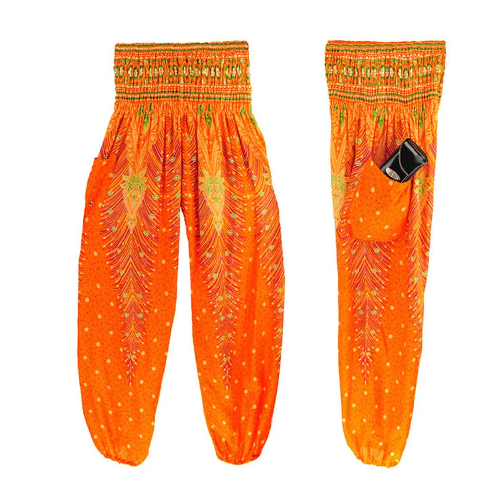 Новые мужские и женские тайские шаровары, фестивальные хиппи-брюки с высокой талией для йоги, штаны с принтом павлина, свободные штаны для йоги