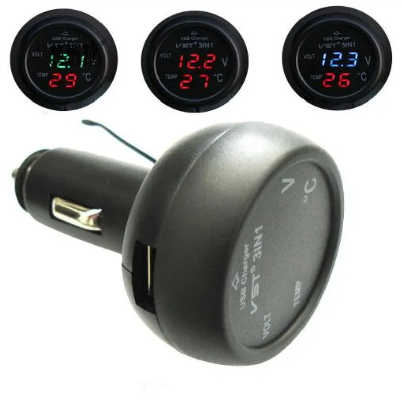 

VST multi-function three-in-one car charger with voltage detection temperature display multi-function monitoring table