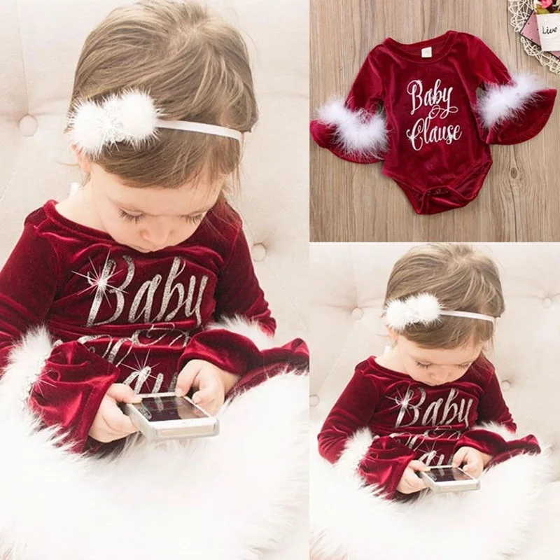 

Children Kids XMAS Santa Claus Velvet Romper Jumpsuit Baby Girls Romper Suit Outfits Costume Warm Autumn Winter Baby Clothes