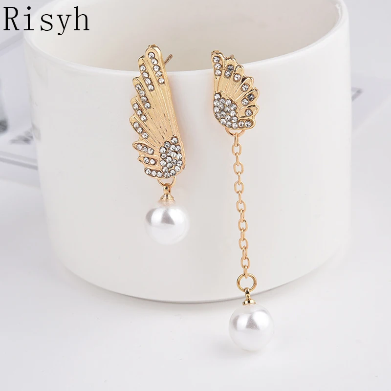 

Risyh New Fashion Angel Wings Pearl Stud Earrings Asymmetric Tassel Long Earrings