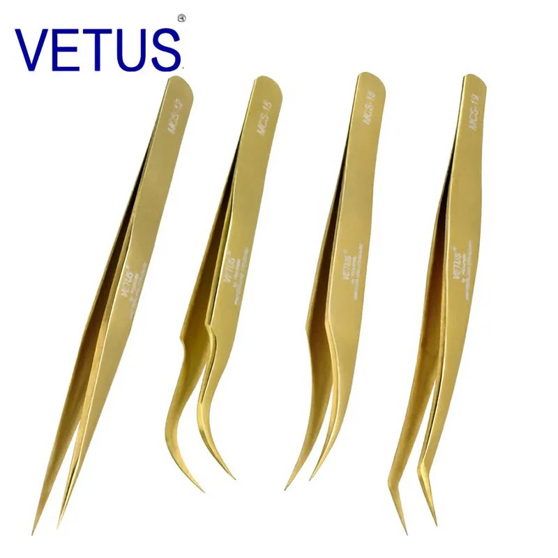 

4pcs / set Vetus MCS Series Gold Premium Beauty Makeup Tweezers for Eyelashes Extension Ultra Fine Tip Pinzas