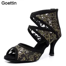 Goettin/Обувь для латинских танцев/сальсы на квадратном каблуке, обувь для танго, обувь для латинских танцев для женщин, брендовые сандалии из флока с вырезами для стриптиза на шесте 6181