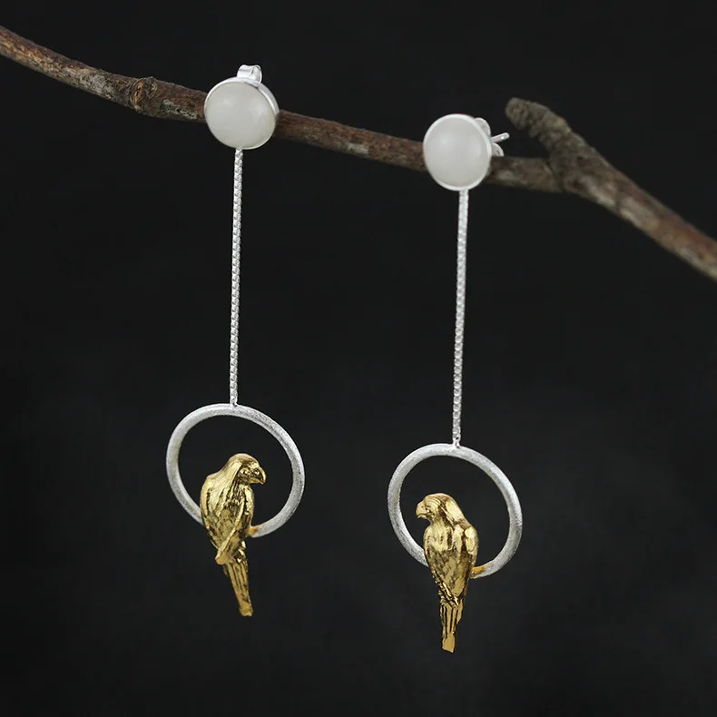 

CMAJOR Handmade 925 Sterling Silver Two Tone Gold Parrot Charm Dangling Earrings Vintage Original Fine Jewelry Wholesale