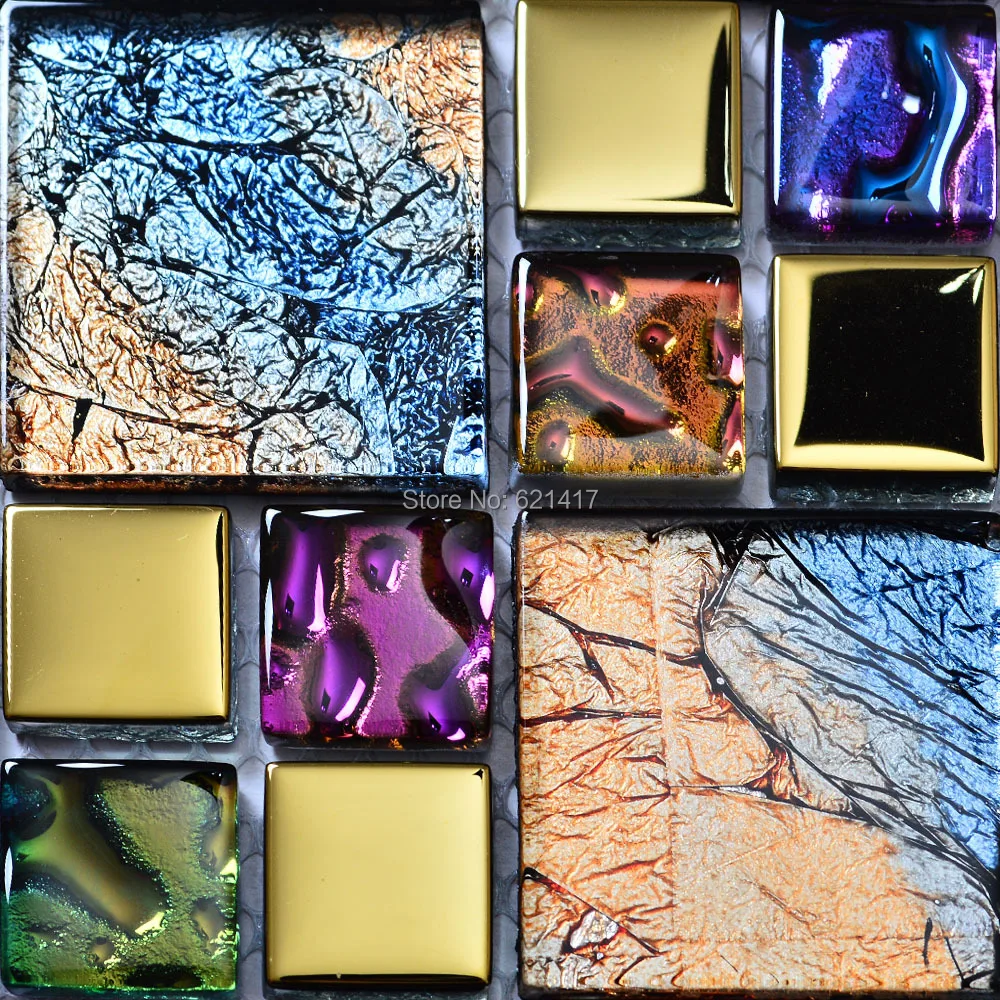 Переливающаяся семицветная симфония Золотая Гальваническая мозаичная плитка из хрустального стекла для кухни, украшение для ванной комнаты