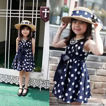 

2016 New Stylish Kids Toddler Girls Princess Dress Sleeveless Polka Dots Bowknot Dress! Top quality navy