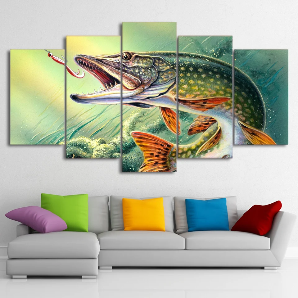 5 Piece Canvas Art Fishing Hooked Pike Fish Canvas ...