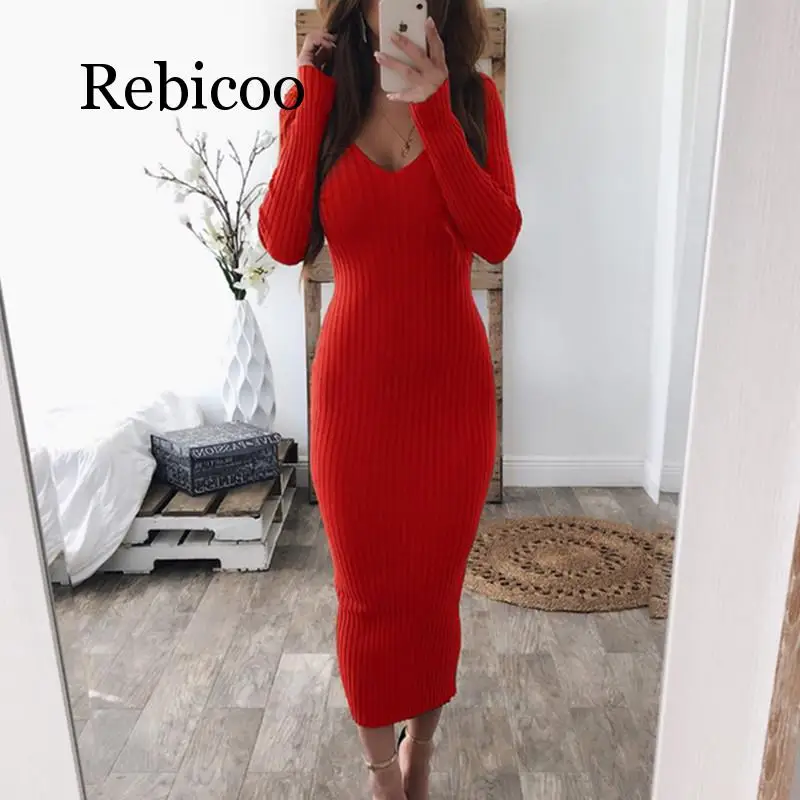 

Autumn Knitted Bodycon Maxi Dress Casual Sexy V Neck Long Sleeve Women Elegant Winter Slim Fashion Long Dresses Thin Dress 2019