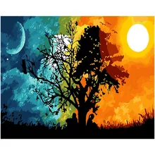 Пейзаж зеленое дерево солнце день и ночь картины DIY Набор для рисования по номерам стены Искусство Акриловая картина подарок украшение комнаты