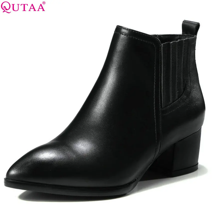 

QUTAA 2019 Cow Leather +pu Fashion Women Ankle Boots Square High Heel Pointed Toe Platform Women Motorcycle Boots Big Size 34-39