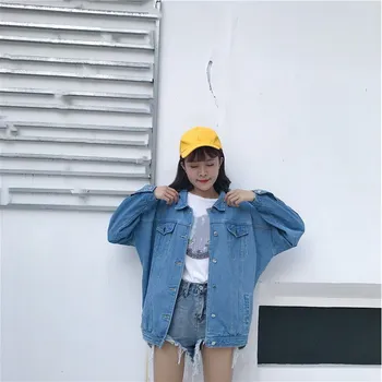 

Spring Autumn Single Breasted Short Outerwear Solid Casual Bomber Denim Loose Jackets Women Long Sleeve Jean Coat