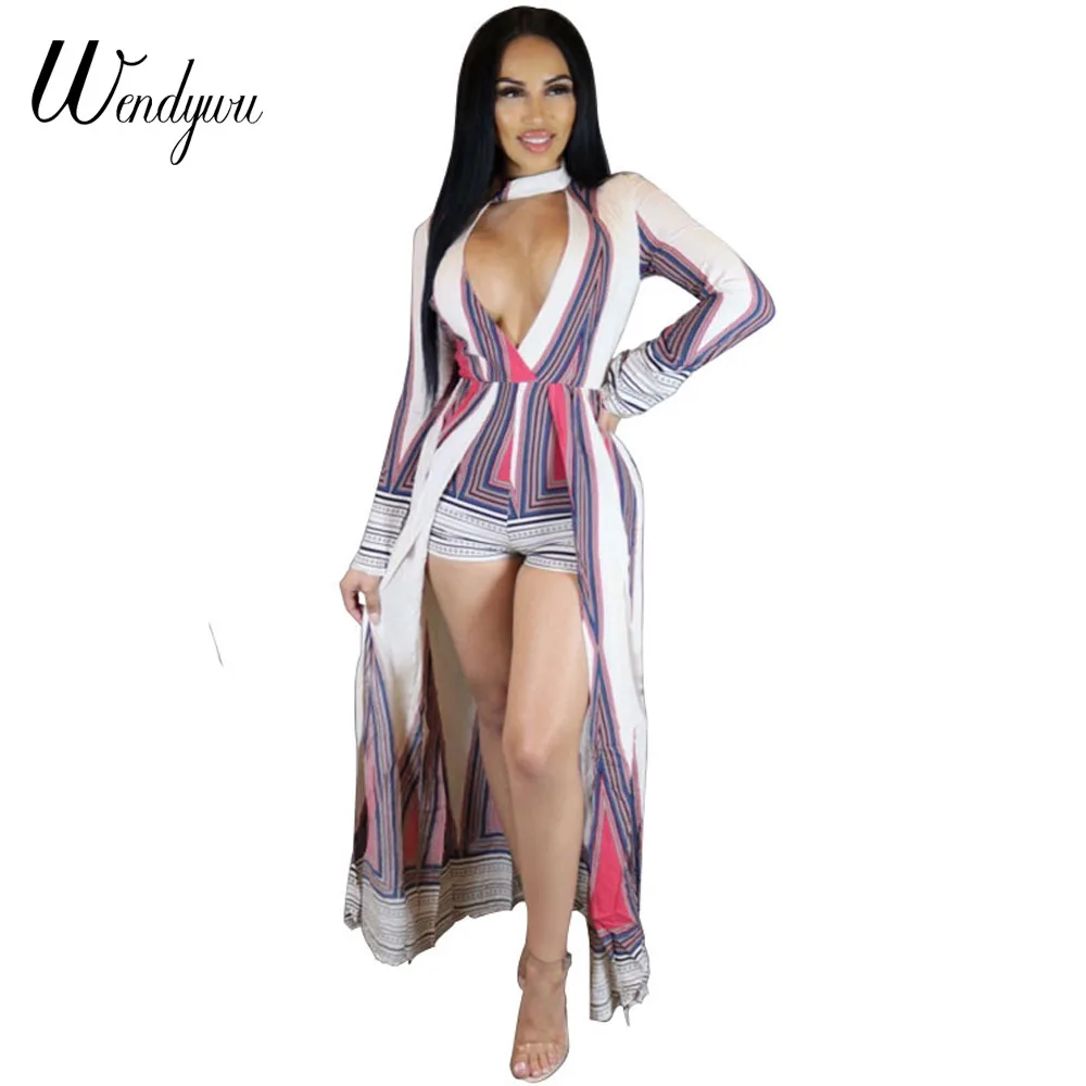 

Wendywu Novelty Fashion Sexy Cleavage Long Sleeve Geometric Front High Split Long Dress