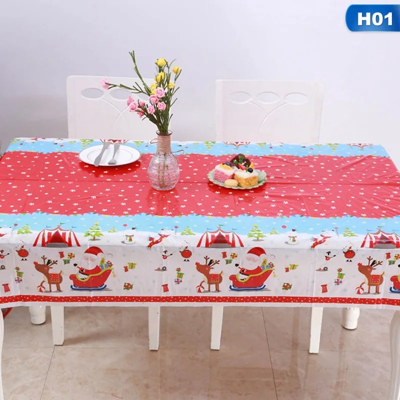 

2019 Xmas Disposable PVC Christmas Tablecloths Santa Skiing Red Elk Table Cover Christmas Decorations For Home New Year Decor