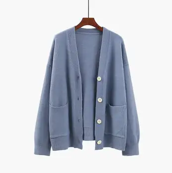 

Fashion Loose V-Neck Cardigans spring new Casual Pockets Sweaters Coats Solid color Long Sleeve Knitted Sweaters Tops women