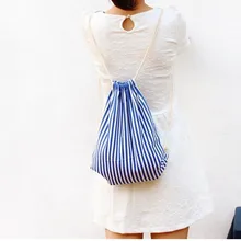 10 шт. большой емкости мужчины женщины дорожная сумка рюкзак на шнурке синий цвета полоски Холст Сумка