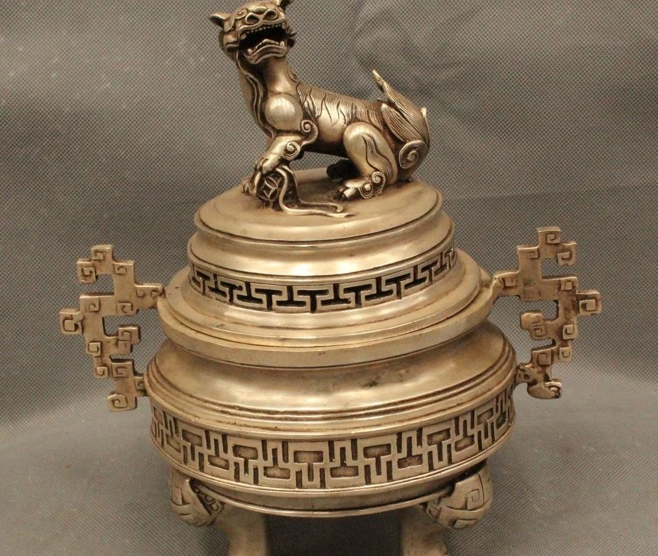 

10"Marked Chinese Fengshui Silver Foo Fu Dog Statue Incense Burner Censer