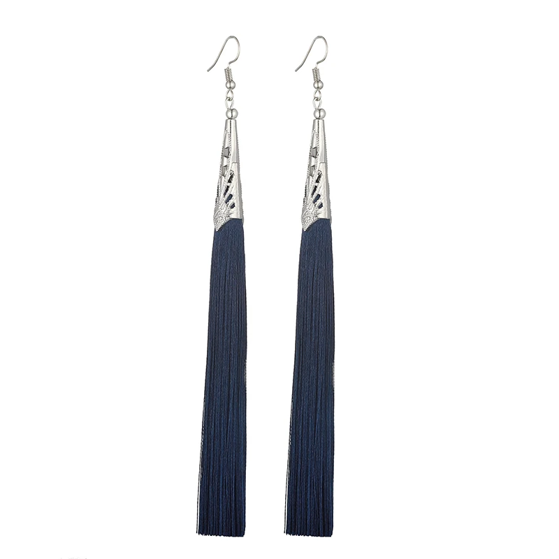LOVBEAFAS Long Tassel Earrings For Women Fashion Jewelry Boho Drop Fringe Vintage Statement Bohemian Earrings Pendientes - Окраска металла: Navy Blue