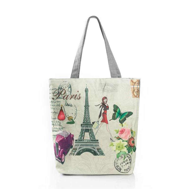 Women Canvas Tote Bag Ladies Casual Cartoon Paris Tower Print Zipper ...