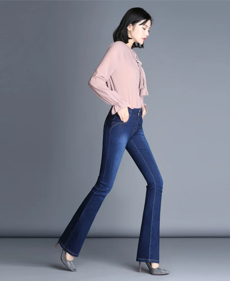 джинсы с высокой талией Push Up Батт Жан роковой загрузки вырезать широкие брюки джинсовые штаны двубортный расклешенных Жан