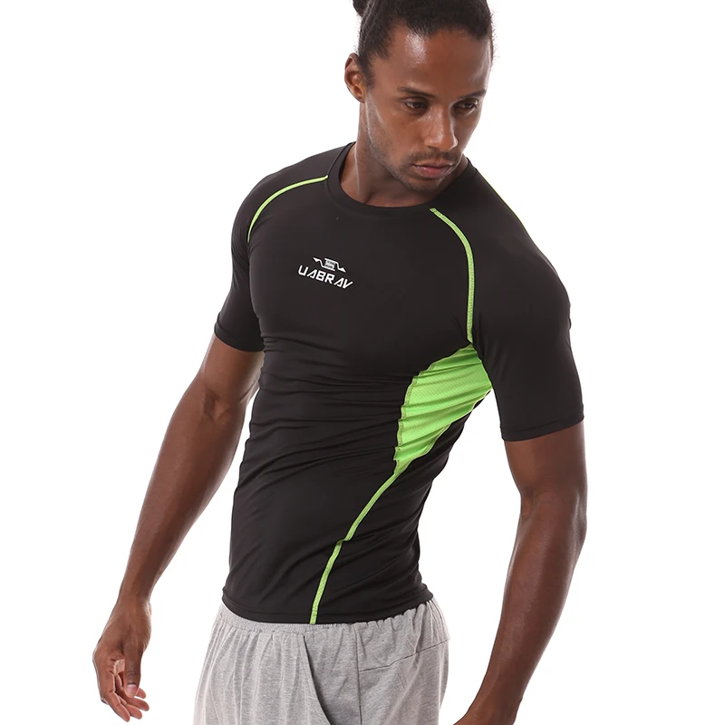 

5113J-Workout fitness men Short sleeve t shirt men thermal muscle bodybuilding wear compression Elastic Slim exercise clothing