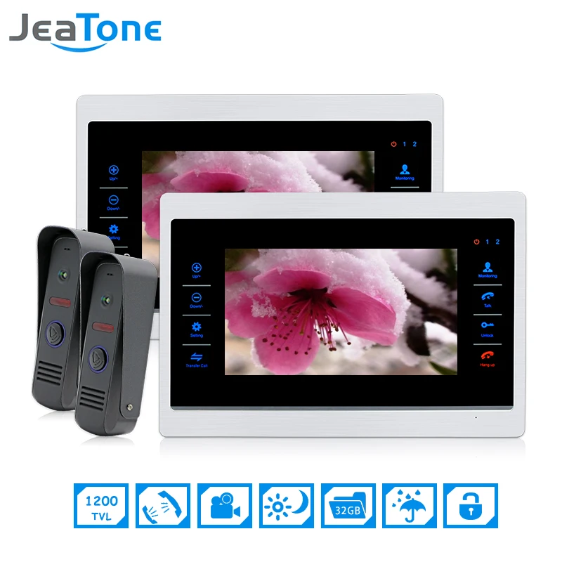 Color Video Door Phone Intercom JeaTone 7 Inch 2 To 2 Door Bell Door Speaker Hands