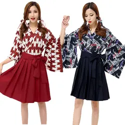 Недорогое японское кимоно для женщин, комплект одежды для косплея Love Live, черный, красный комплект с плиссированной юбкой, сексуальный новый