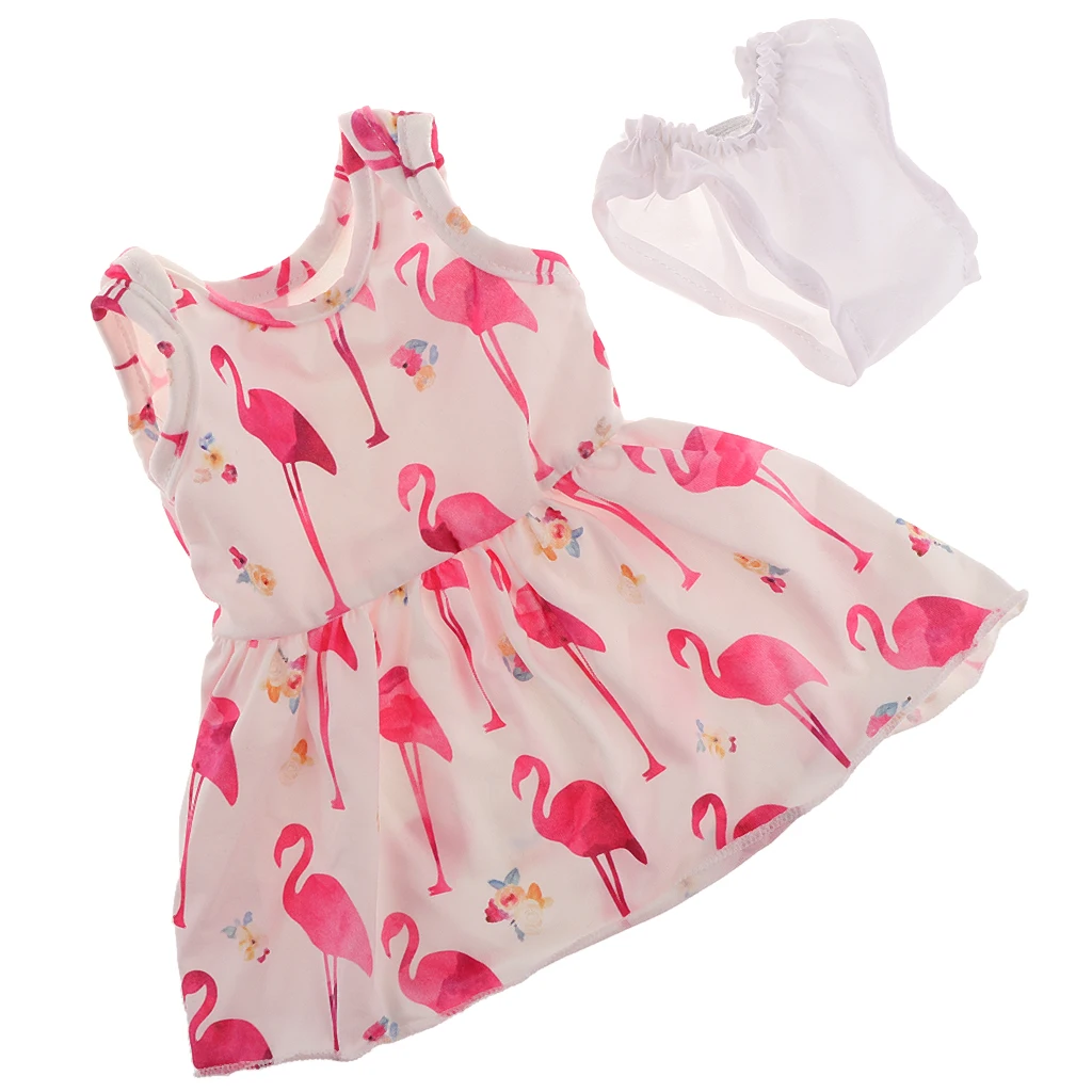 18inch Fashion Doll Summer Outfits Sleeveless Casual Dress Underwear For American Doll Doll Dress-up Accessory Flamingo Pattern