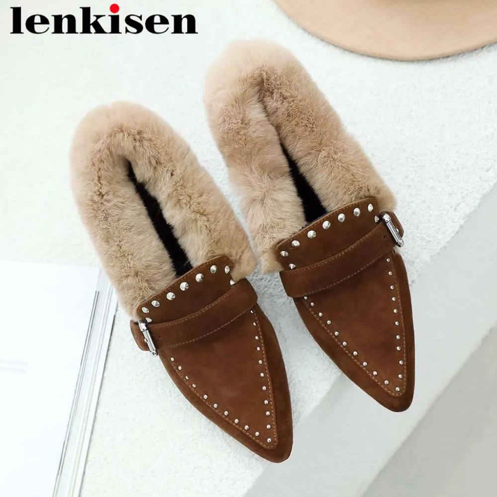 

2019 simple design metal buckle rivets rabbir fur kid suede pretty girls oxford pointed toe slip on spring autumn cozy pumps L00