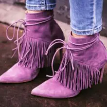 Модные демисезонные женские ботинки лавандового цвета реальные фотографии замшевые ботинки со шнуровкой на высоком каблуке размер 34–42