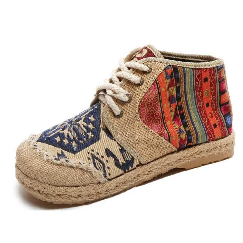 

Vintage Embroidered Women's Shoes Boho Cotton Linen Canvas Single Knit Round Toe Lace-up Cloth Shoes Women's Flats N3-74