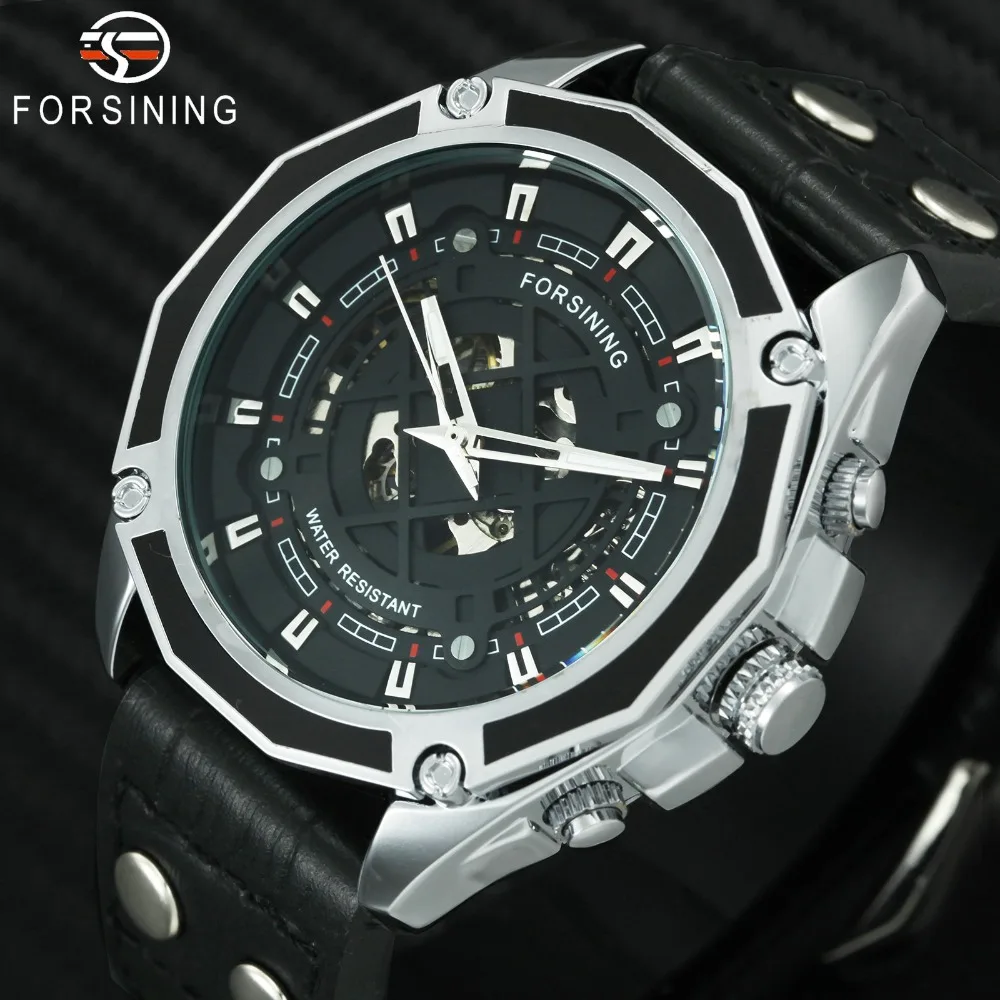 

FORSINING Fashion Casual Auto Mechanical Watch Men Leather Strap Skeleton Dial Polygon Case Sports Mens Watches Top Brand Luxury