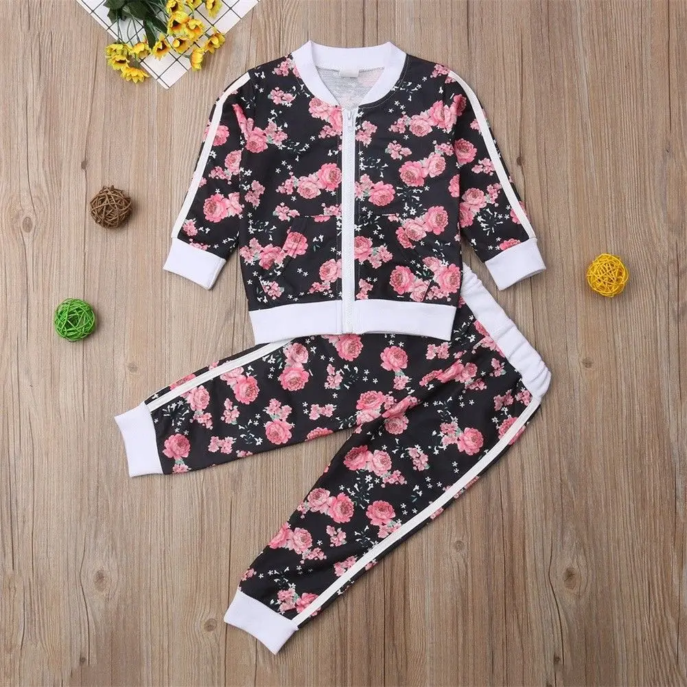 

Newborn Toddler Baby Girl Outfits Floral Clothes Zipper Tops+Pants Set