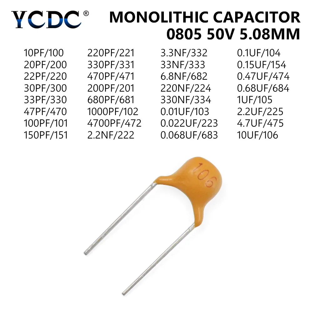

20pcs set 50v 10pf-10uf monolithic ceramic capacitor pitch 5.08mm 32 values