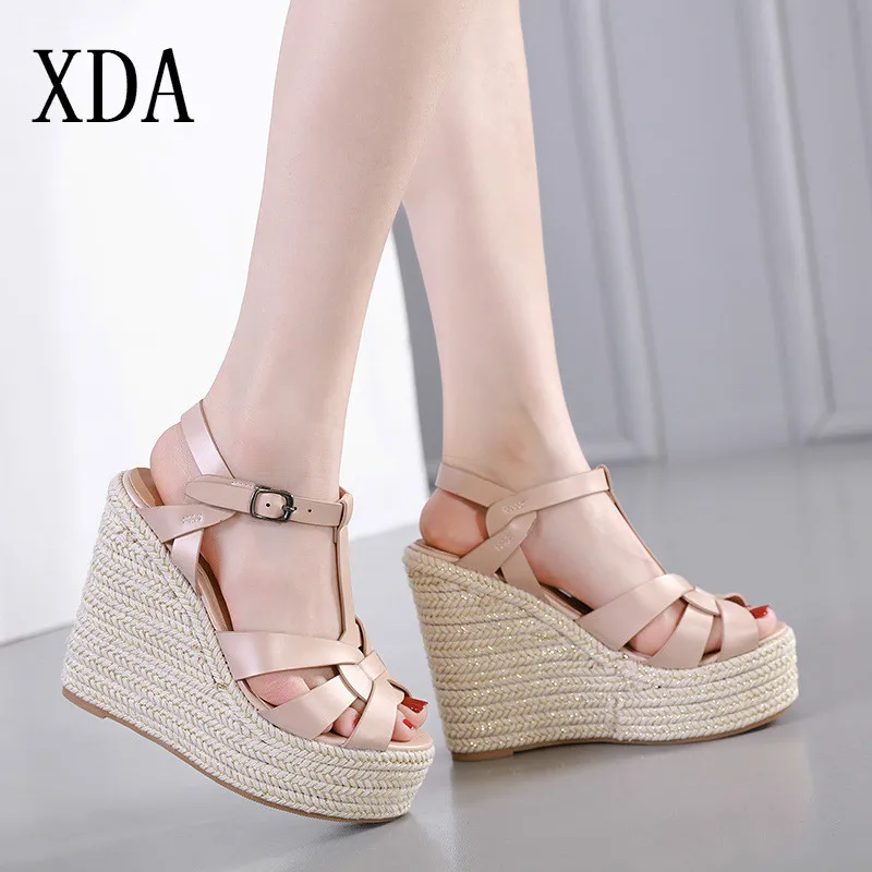 

XDA Mature PU Sandals Woman Solid Round head Wedges High Heel sandals Buckle Shallow Black Apricot Casual sandals Size 35-40