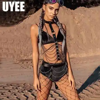 

UYEE 2Pcs Sexy Punk Leather Body Bondage Stud Garters Belt With Chains Chest Harness And Skirt Women Bandage Harness Waist Belt