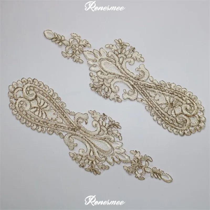 

2Pcs 11X35.5cm Lace Applique in Lace Light Gold Embroidered Bridal Dress Wedding Decorative Sewing Champagne Gold Trim Craft