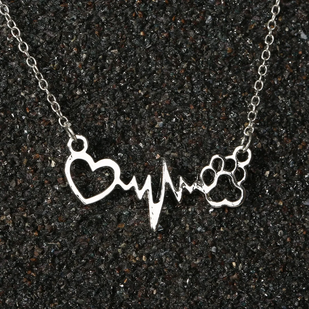Trendy Cat Dog Paw Heart Heartbeat Electrocardiogram Pendant Necklace Elegant Chain Lovely Animal Jewelry Gifts For Women