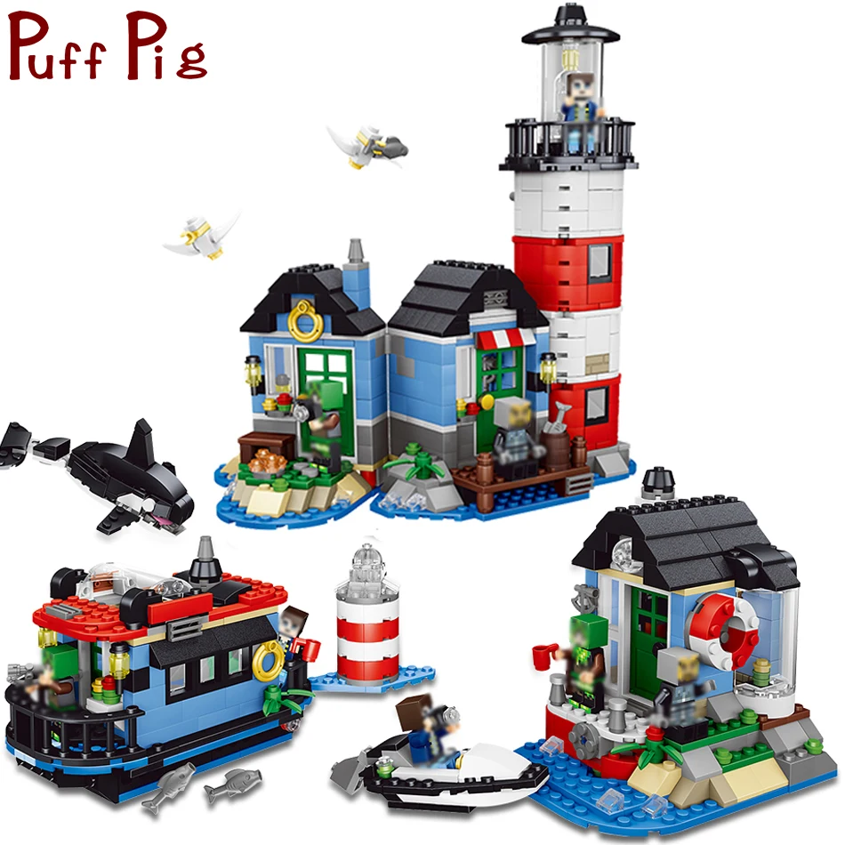 

553PCS 3in1 Minecrafted City Lighthouse With Steve Pig Figures Building Blocks Compatible Legoed Education Toys For Children Boy