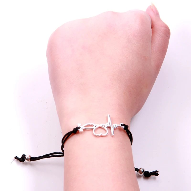 NCRHGL ECG Heart Charm Bracelets For Women Girls Red String Rope Handmade Ziny Alloy Bracelet DIY Best Friend Lucky Jewelry Gift | Украшения