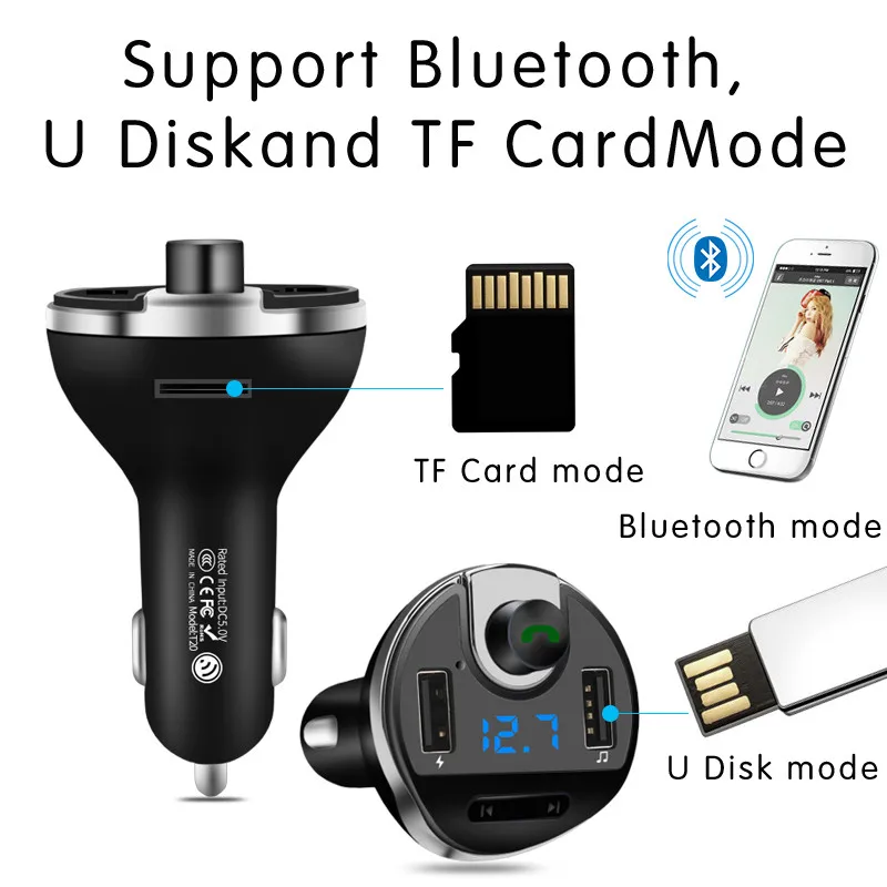 JINSERTA Car MP3 Audio Player Bluetooth FM Transmitter Wireless Modulator Car Kit HandsFree w/TF Slot 2 USB Port