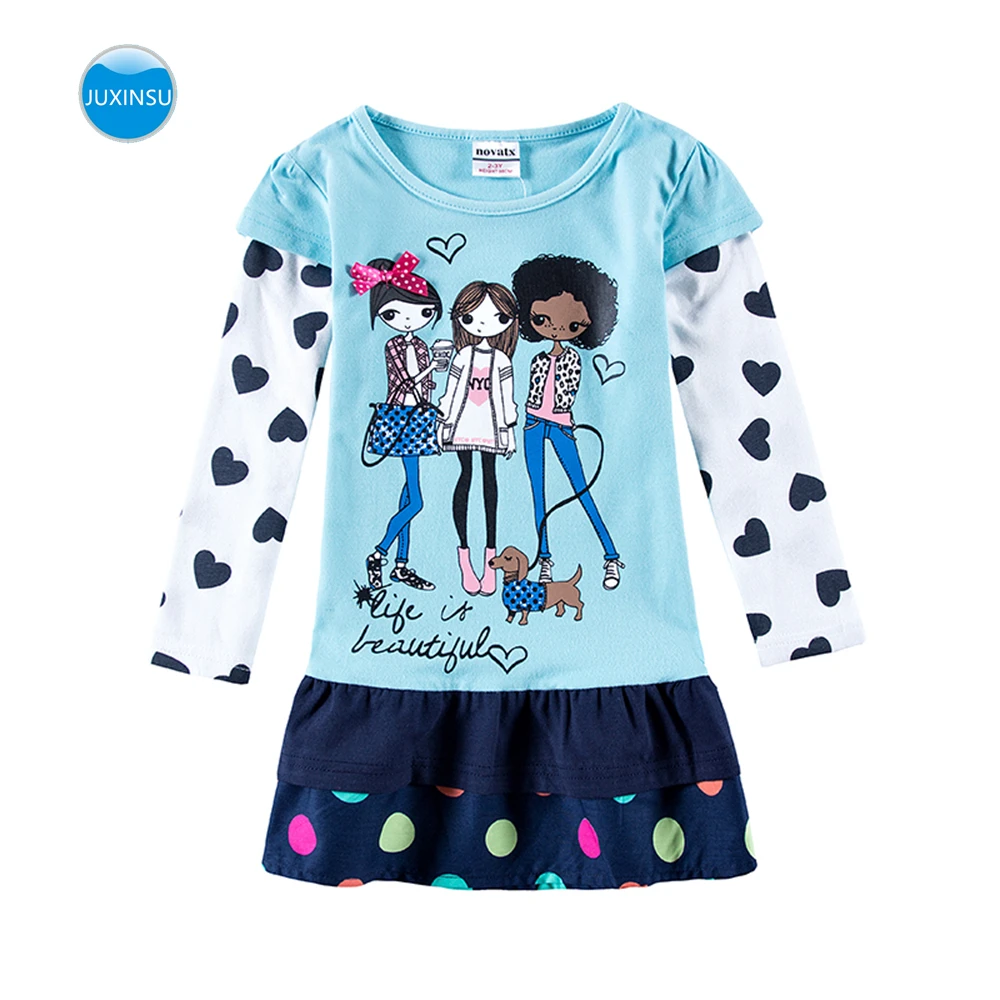 

JUXINSU Toddler Girls Cotton Long Sleeve Dresses Three Stylish Little Girls Cartoon Autumn Winter Girl Casual Dress for 1-5 Year