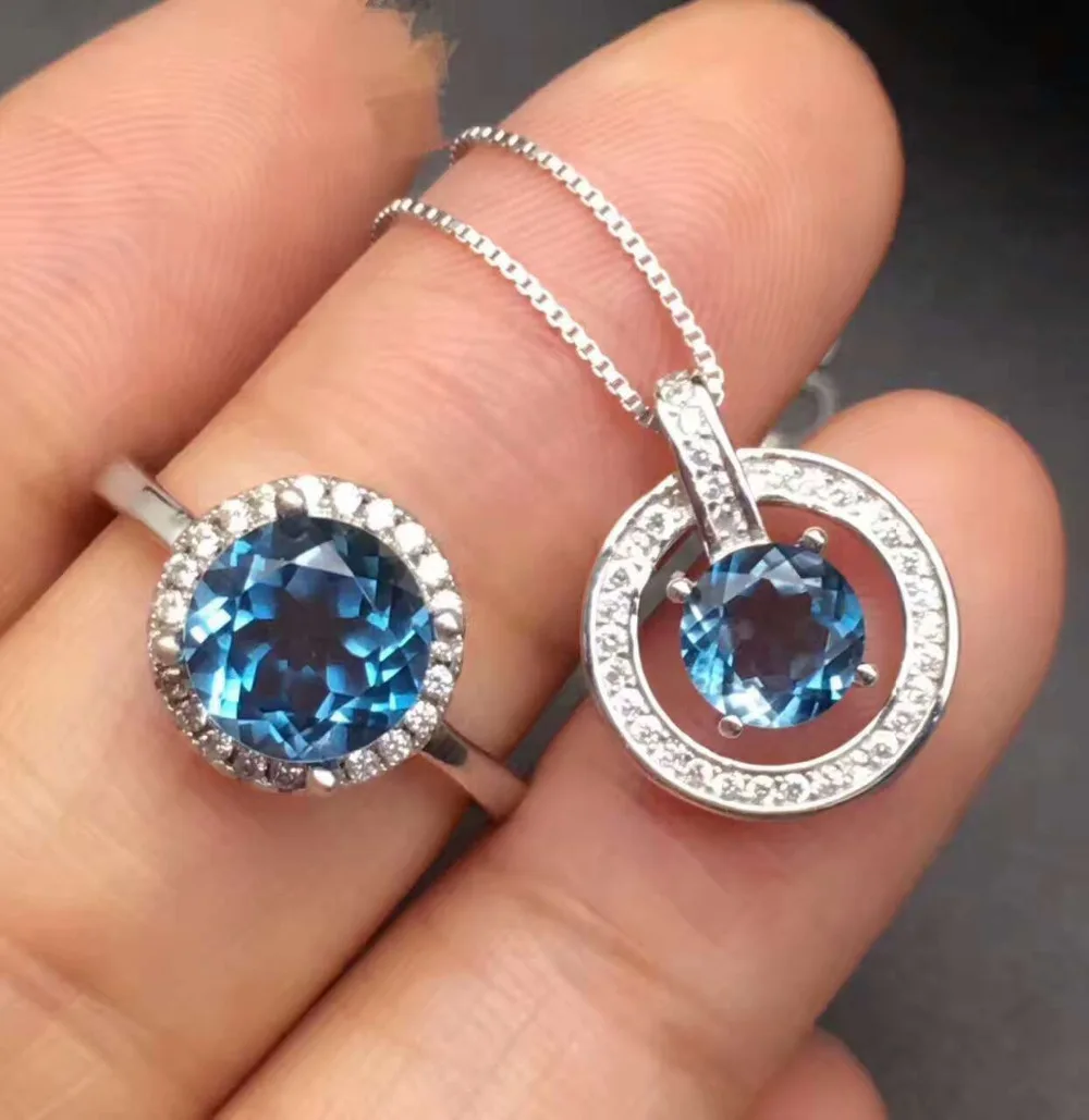 Natural blue topaz Ring Pendant Natural Gemstone Jewelry Set 925 Silver Fashion Small simple