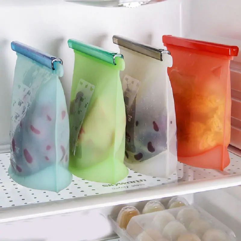 4pcs Reusable Silicone Vacuum Seal Food Fresh Bag Fruit Meat Milk Storage Containers Refrigerator Bag Ziplock Kitchen Organizer