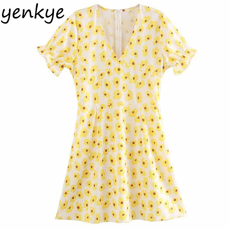 

Summer Dress 2019 Sweet Women Floral Print Short Sleeve V Neck A-line Slim Dress Mini vestidos OZZ9190