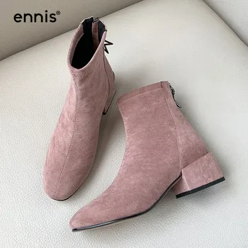 

ENNIS 2019 Autumn Flock Womens Boots Ankle Suede Stretch Boots Square Heel Round Toe Ladies Boots Fashion Pink Black Shoes A960
