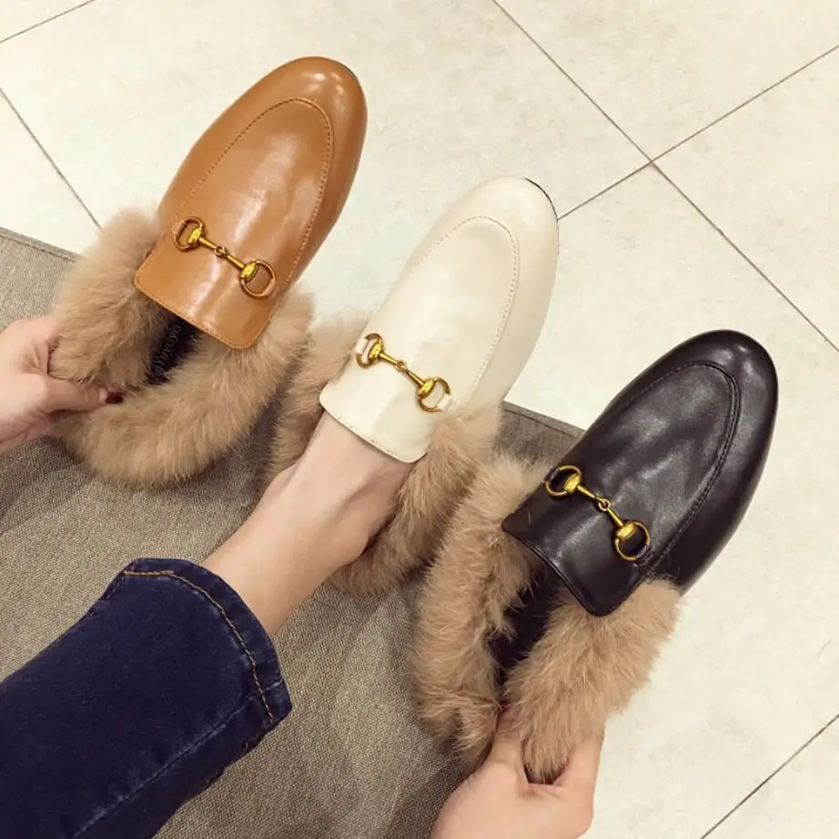 

Free shipping fashion women black tan fur inside mid heeled pumps shoes mule Slipper