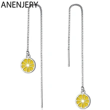ANENJERY 925 ayar gümüş basit taze sarı limon meyve küpe kadınlar kız hediye için uzun kulak zinciri S-E853