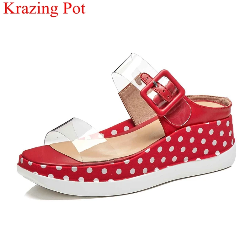 

Krazing Pot fashion stylish polka dot mules buckle design women sandals med bottom wedges platform peep toe slip on shoes L22