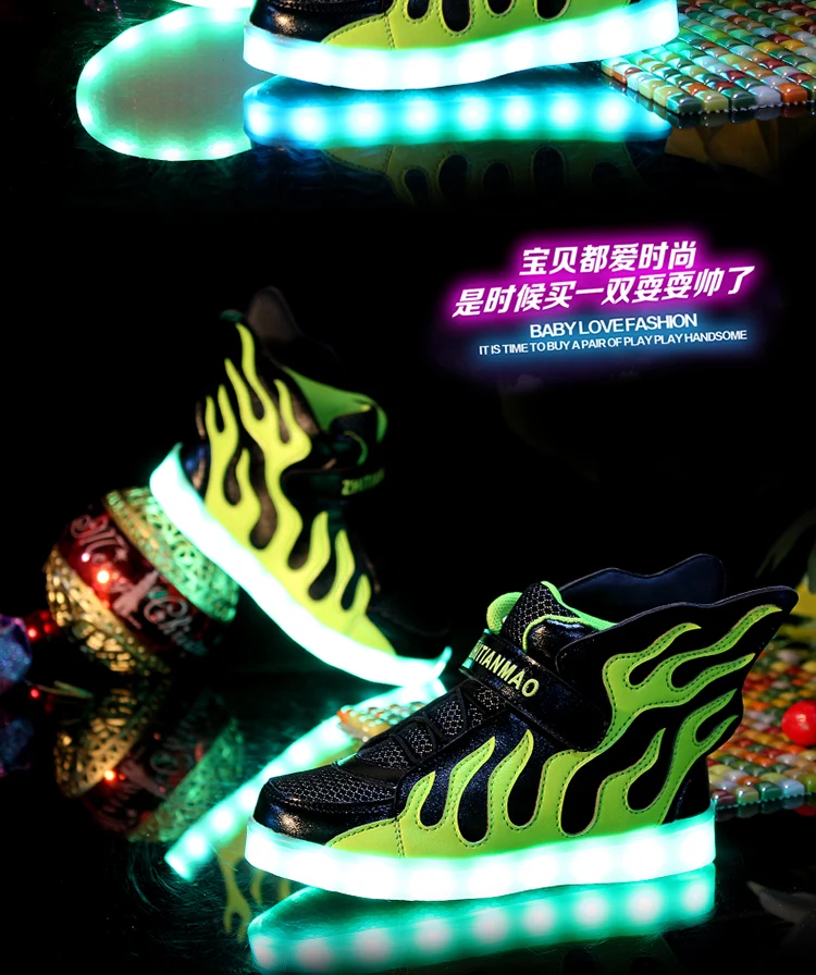 STRONGSHEN Green Kids Shoes with LED Lights Children Kids Sneakers with Wing Boys Girls Led Light Up Shoes USB Charging Warm extra wide children's shoes