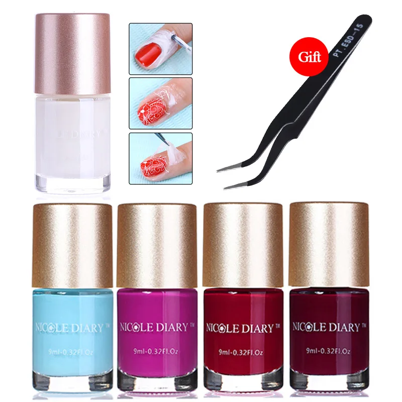 

NICOLE DIARY Nail Art Stamping Polish Cuticle Guard Latex Liquid Set Blue Red Get Picking Curved Tweezer for Free